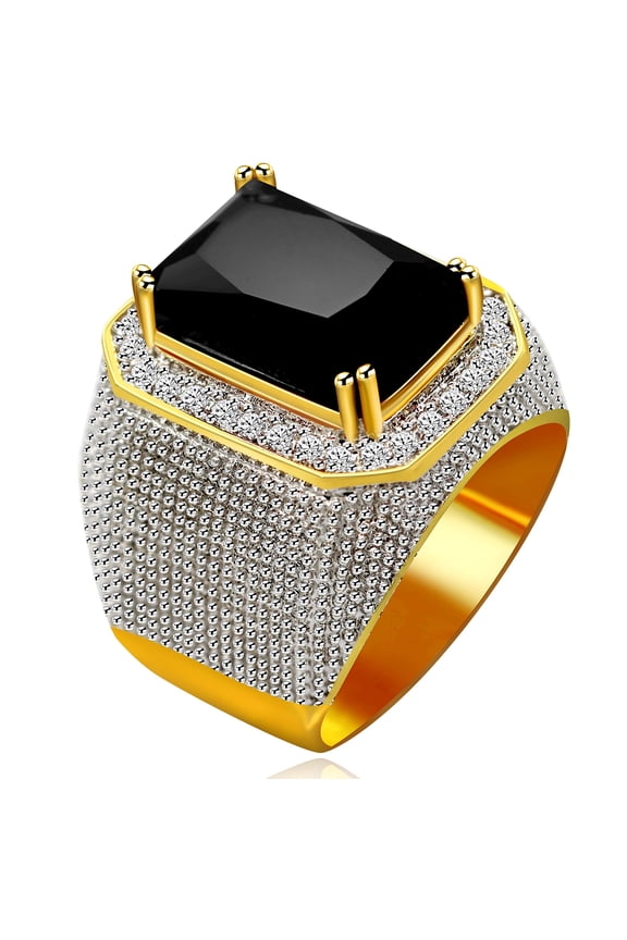 Men's Gold Plated Iced Out Cubic Zirconia Band, Super Big Black Rectangle CZ Zircon Hip Hop Ring for Men RA408 (Black,Size 9)