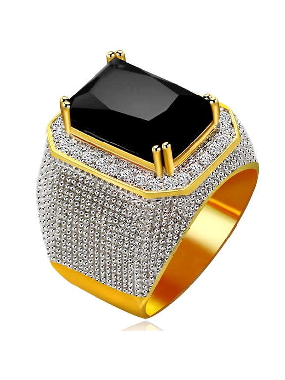 Men's Large Rectangle Simulated Black Onyx Hip Hop Ring, Gold Plated Crystal Wide Wedding Engaement Band Rings Man RA408 (Black,Siz 10)