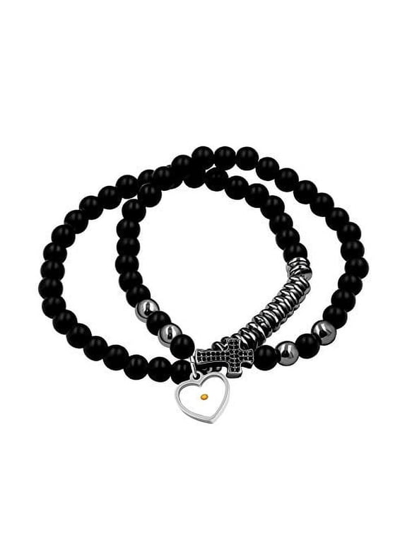 Men's Micro-Pave Cubic Zirconia Side Cross Natural Stone Beads Bracelet Stacking Stretch Bracelets 2pcs Set with Mustard Seed (Black)