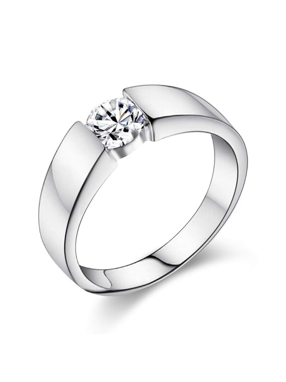 Men's Platinum Plated Wedding Band Engagement Ring with Round Cubic Zirconia CZ Matching Anniversary Jewelry J002 (Male, Size 6)