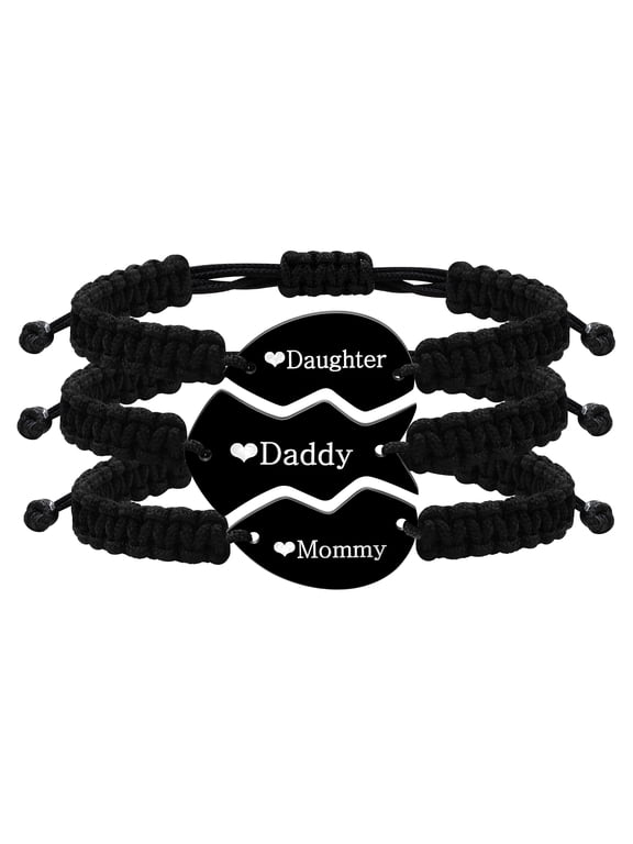 Mommy Daddy Daughter Stainless Steel Puzzle Heart Wrap Strand Black String Family Bracelets Set Y4121