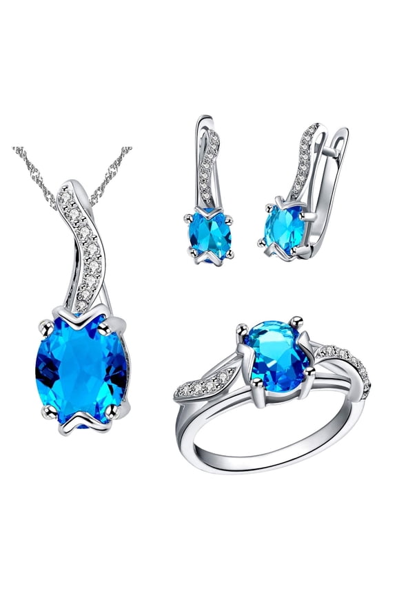 Oval Cut Blue AAA Cubic Zirconia Pendant Necklace u Hoop arrings and Solitaire Ring Crystal Wedding Engagement Jewelry Set for Women (Blue, Size 6) T233