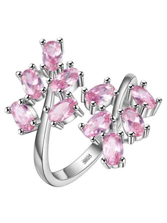 Oval Pink CZ Flower Tree Leaf Ring Open Tail Platinum Plated Fashion Party Prom Jewelry