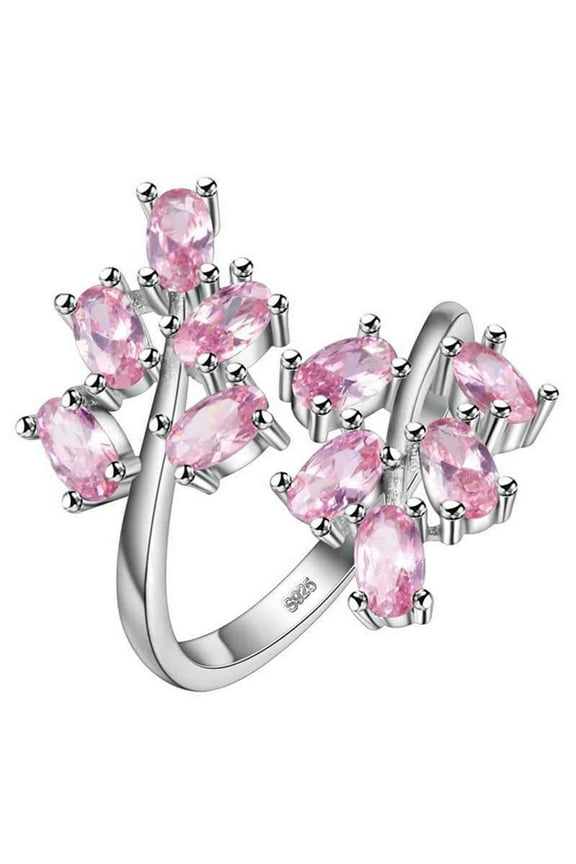 Oval Pink CZ Flower Tree Leaf Ring Open Tail Platinum Plated Fashion Party Prom Jewelry