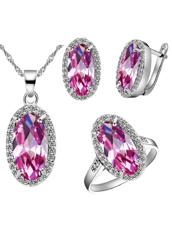 Oval Pink Cubic Zirconia Stone Jewelry Ring Necklace Pendant and Earrings Set for Women, Women's Platinum Plated Jewelry Set for Mom (Pink, Size 8) T482