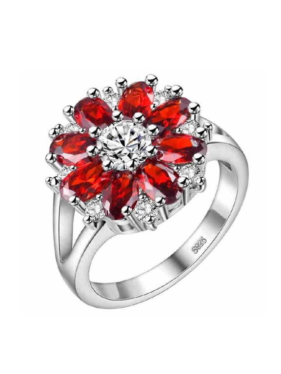 Oval Round Shaped Red CZ Flower Rings Wedding Party Statement Engagement Inspired Cocktails for Woman and(Size 6) J676