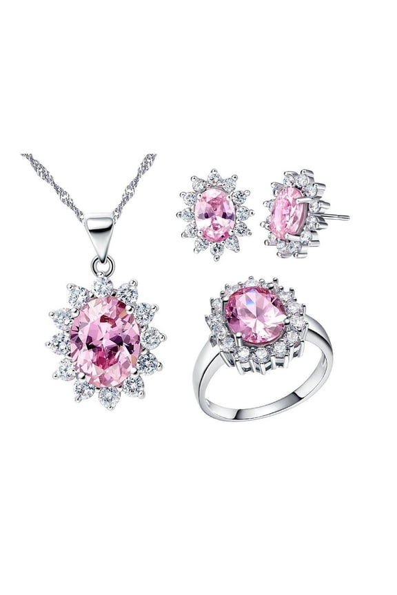 Pink Cubic Zirconia Wedding Jewelry Set Necklace Earrings and Ring Size 6 for Women T466
