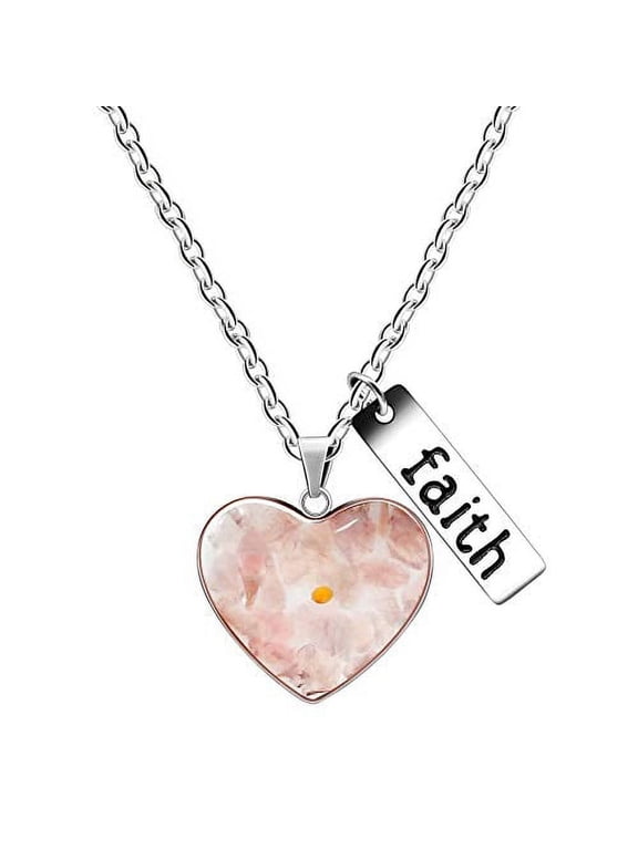 Pink Quartz Gravel Pendant Crystal Heart Necklace with Mustard Seed Charms Faith Inspirational Jewelry for Women Y962 (Pink)