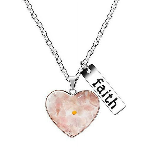 Uloveido Pink Quartz Gravel Pendant Crystal Heart Necklace with Mustard Seed Charms Faith Inspirational Jewelry for Women Y962 (Pink)