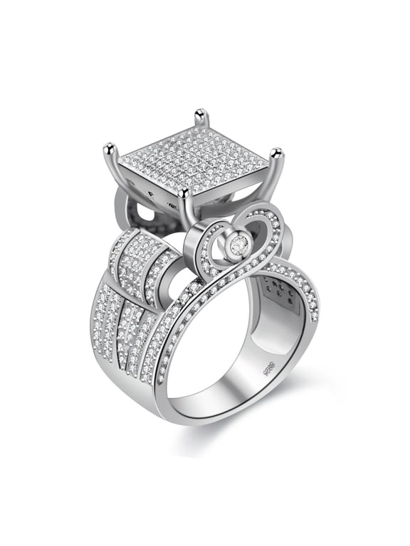 Platinum Plated Big Square Cocktail Party Favor Rings, Round Clear CZ Simulated Diamond Wedding Anniversary Ring for Women (Size 11) RA0221