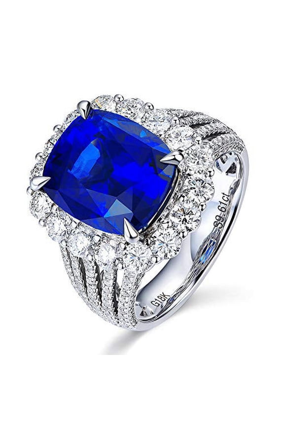 Platinum Plated Cushion Cut 5 Carat Simulated Sapphire Ring, Blue CZ Adjustable Rings Women (Blue)