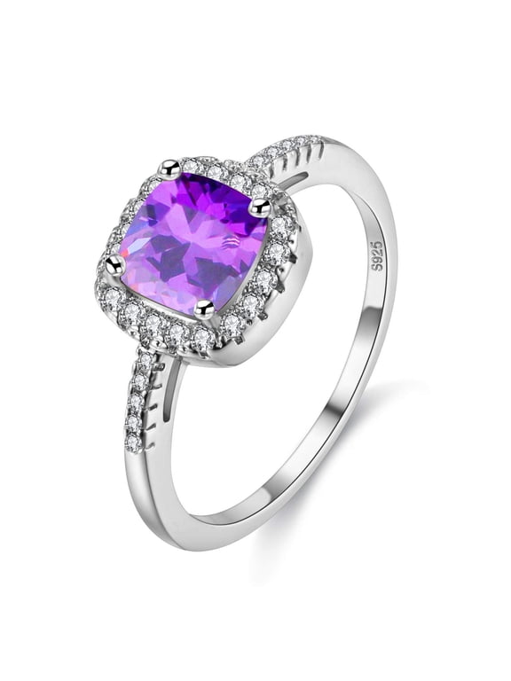 Platinum Plated Cushion Cut Cubic Zirconia Wedding Engagement Rings for Women, Square Ring (Purple, Size 7) Y3100