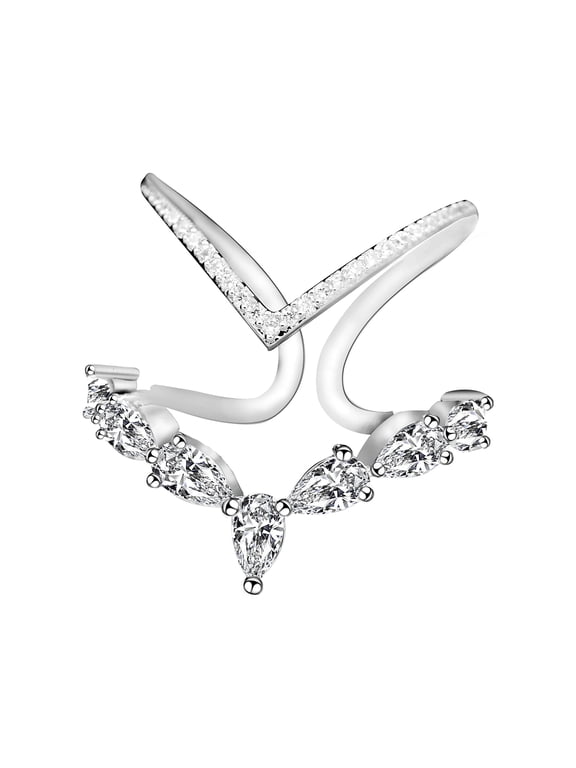 Platinum Plated Douible V Rings Adjustable Size Crown Teardrop Cubic Zirconia JZ157