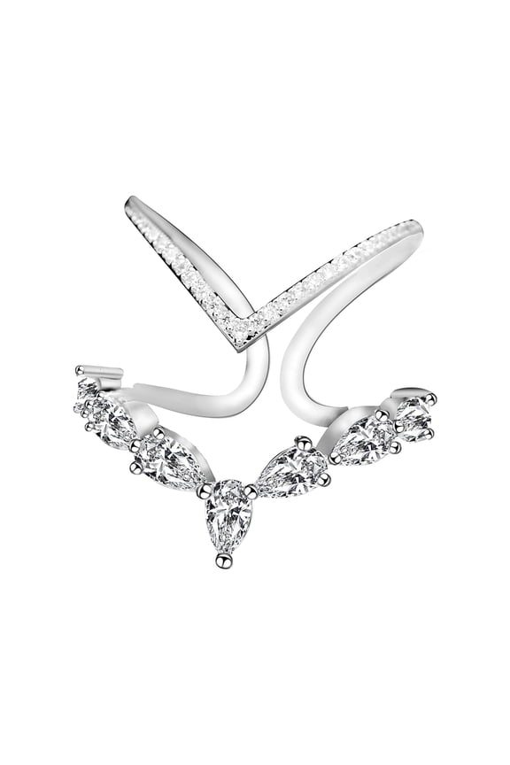Platinum Plated Douible V Rings Adjustable Size Crown Teardrop Cubic Zirconia JZ157