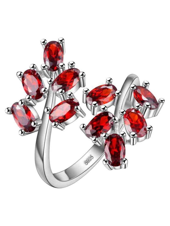 Platinum Plated Oval Cut Red Cubic Zirconia Tree Leaf Adjustable Wide Cocktail Ring for Women