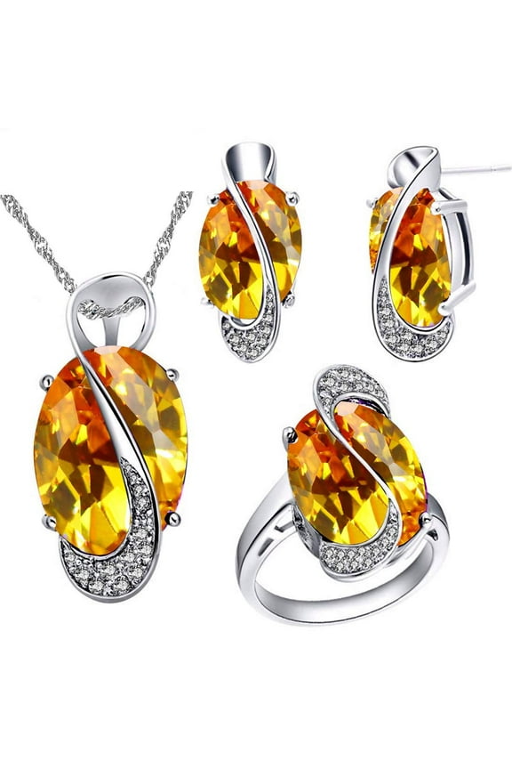 Platinum Plated Oval Shape Yellow Crystal Pendant Necklace Halo Rings and Post Stud Earrings Set (Platinum Plated, Yellow Stone, Size 6) Y183
