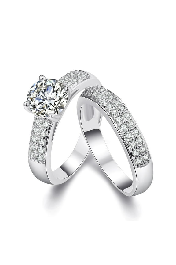 Platinum Plated Round Cut Cubic Zirconia Wedding Rings 2pcs Set, Women's Promise Anniversary Ring for Her (Size 9) KR005