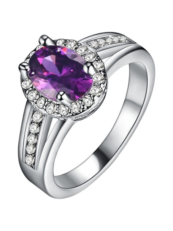 Pretty Oval Purple Cubic Zirconia Bridal Rings for Women White Gold Plated Solitaire Accent Split Shank Finger Ring Size 9 PJ142