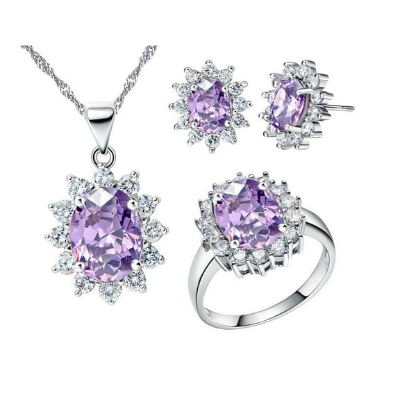 Uloveido Purple Cubic Zirconia Wedding Jewelry Set Necklace Earrings and Ring Size 6 for Women T466