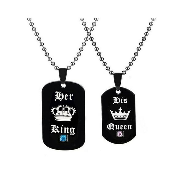 Uloveido His Queen and Her King Black Titanium Couples Pendant Necklaces with Crown Tag - His and Hers Matching Wedding Jewelry Sets for Boyfriend Girlfriend SN115 (Black Pairs)