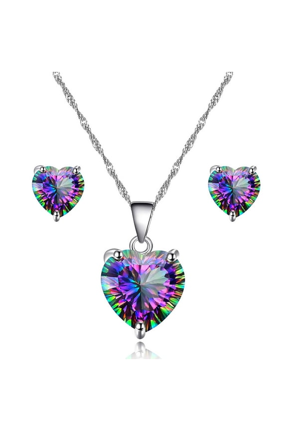 Rainbow Heart Solitaire Pendant Necklace and Studs Earrings Cubic Zirconia Wedding Bridal Bridesmaid Jewelry Set Y1131