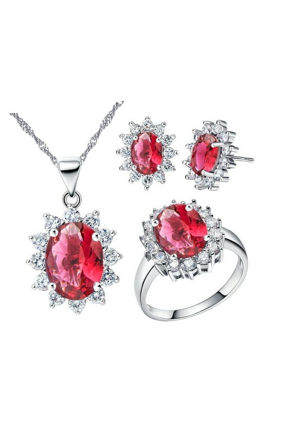 Red CZ Stone Diamond Bridal Jewelry Set Cheap Earrings Necklace and Ring Size 8 for Women T466
