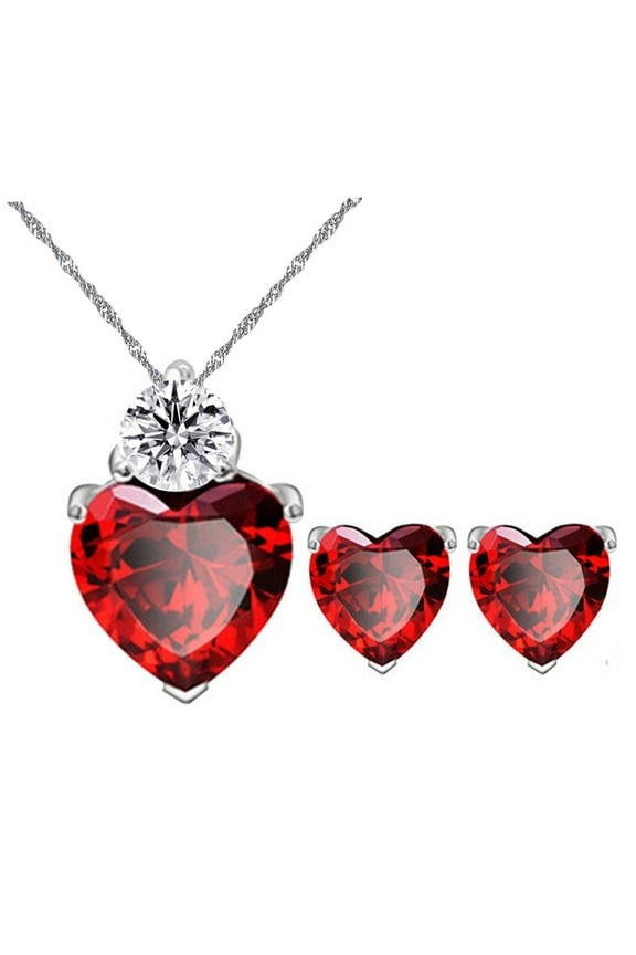 Red Crystal Heart Necklace and Stud Earrings, Simulated Ruby Birth Stone Promise Wedding Engagement Jewelry Set for Women BME53-Red
