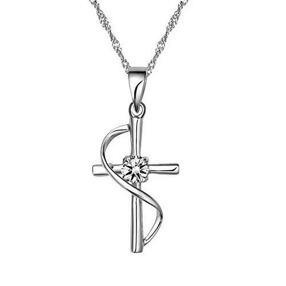 Uloveido Religious Jewelry Platinum Plated Cross Necklace Crucifix Pendant with White Cubic Zirconia Necklace for Women N050