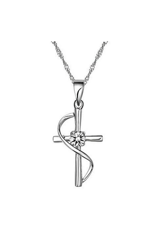 Religious Jewelry Platinum Plated Cross Necklace Crucifix Pendant with White Cubic Zirconia Necklace for Women N050