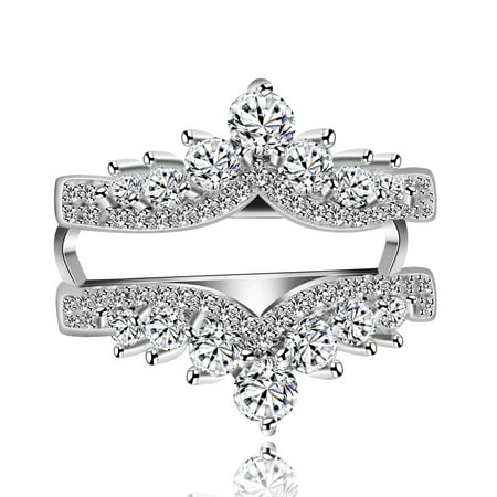 Uloveido Rhodium Plated Crown Wedding Rings Guard Enhancer For Cubic Zirconia Solitaire Heart V Anniversary Promise Ring (Size 10)