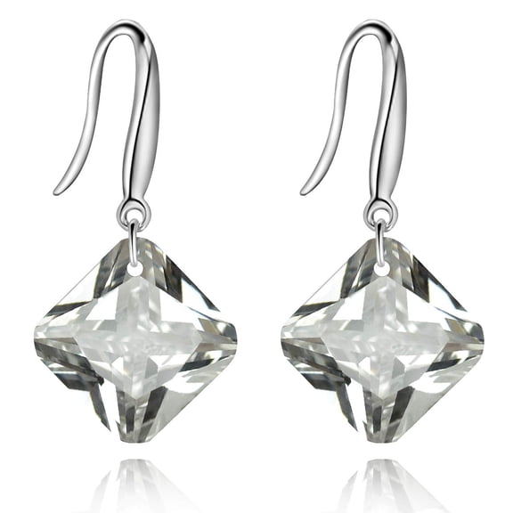 Uloveido Rhodium Plated Square Zircon White Earrings Cushion Cut Cubic Zirconia Dangle Drop Earrings for Women WE030 (White)