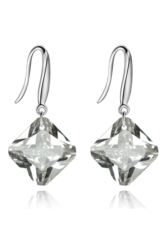 Rhodium Plated Square Zircon White Earrings Cushion Cut Cubic Zirconia Dangle Drop Earrings for Women WE030 (White)
