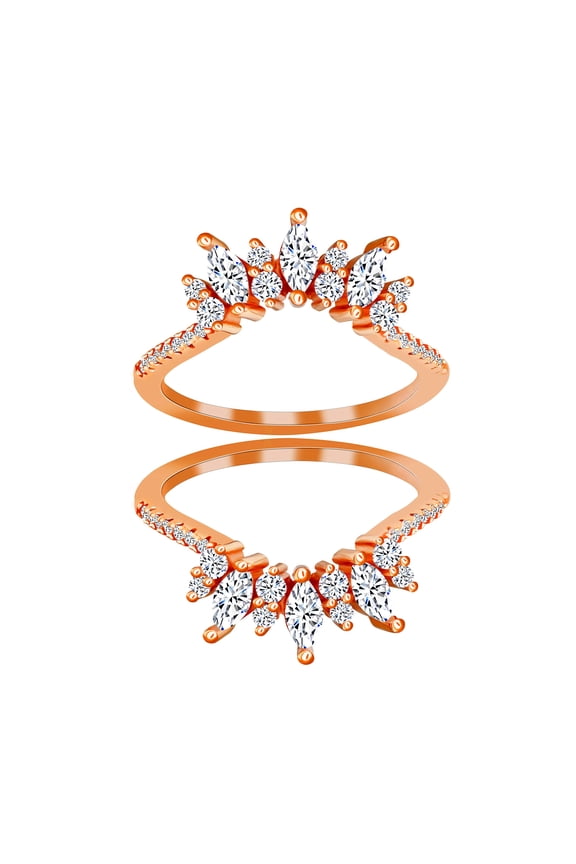 Rose Gold Plated 925 Silver Marquise Cut CZ Wedding Band Ring Enhancer 2pcs Set (Size 5)
