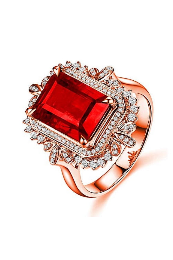 Rose Gold Plated Emerald Cut Red CZ Adjustable Crystal Rings Wedding Anniversrary Rings Women (Red)