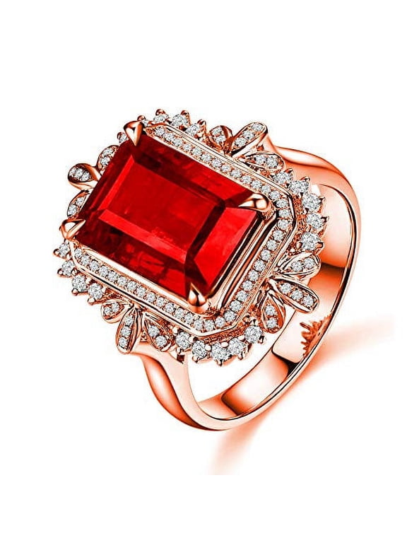 Rose Gold Plated Emerald Cut Red CZ Adjustable Crystal Rings Wedding Anniversrary Rings Women (Red)