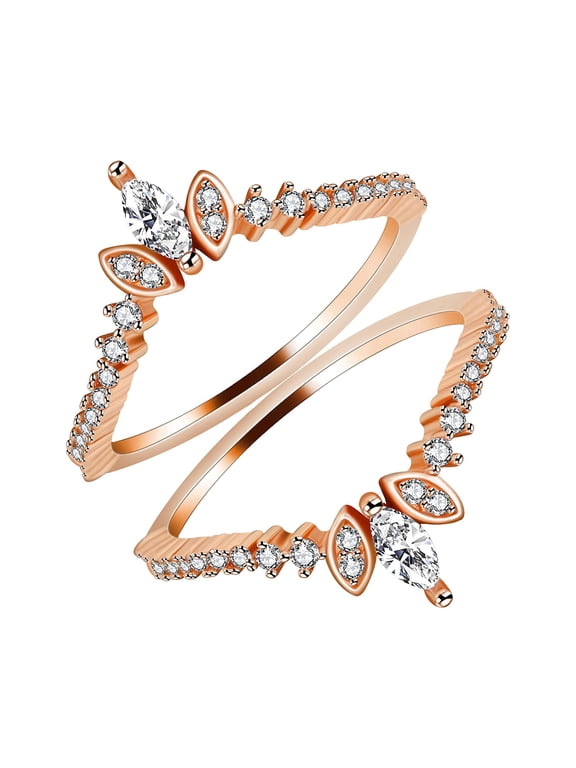 Rose Gold Plated Marquise Cubic Zirconia Ladies Anniversary Wedding Band Enhancer Guard Double Ring 925 Silver (size 8)