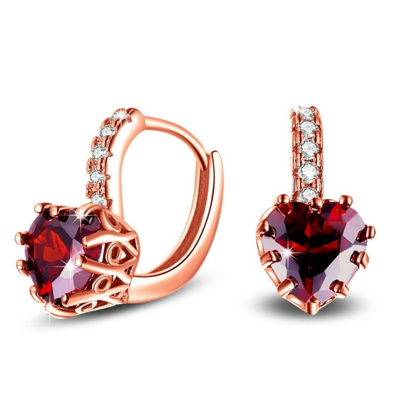 Uloveido Rose Gold Plated Red Cubic Zriconia Crystal Love Heart Earrings Birthstone HE515