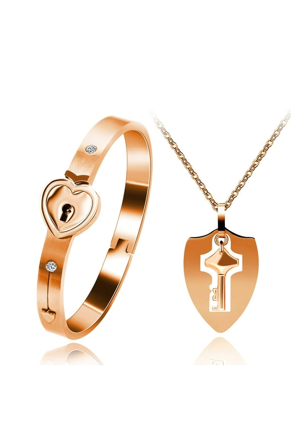 Rose Gold Plated Shield Key Necklace and Heart Lock Bracelet Couples Jewelry Set for Men and Women Y473 (Rose Gold)