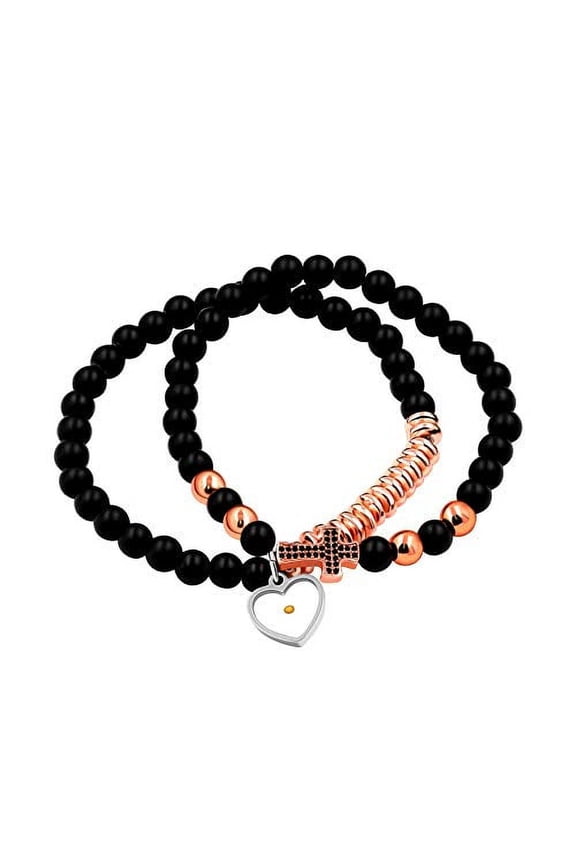 Rose Gold Plated Side Cross Stretch Beaded Stackable Bracelets - Layering Bead Strand Statement Bangles Mustard Seed Bracelets for Women Girls(Rose Gold)