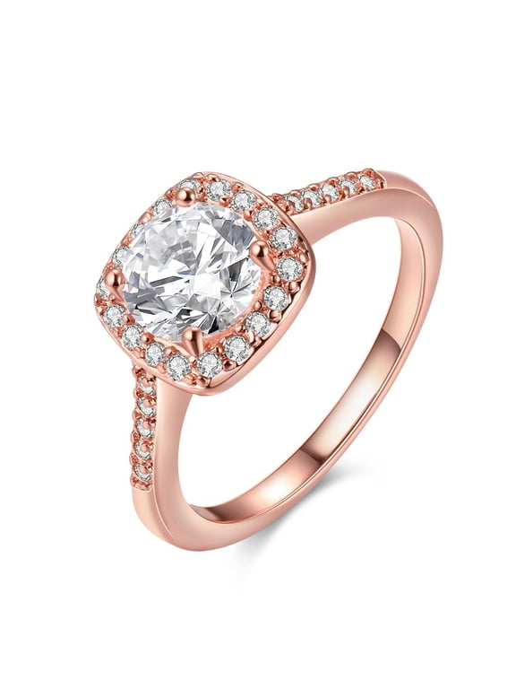 Rose Gold Plated Square CZ Simulated Diamond Ring, Crystal Solitaire Wedding Promise Ring Halo Setting KR002 (Rose Gold, Size 5)