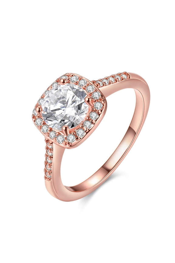 Rose Gold Plated Square CZ Simulated Diamond Ring, Crystal Solitaire Wedding Promise Ring Halo Setting KR002 (Rose Gold, Size 5)