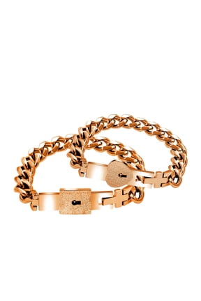 Rose Gold Plated Square & Heart Lock Bangle Bracelets Couples Cuban Chain Matching Set for Boyfriend and Girlfriend Y853 (rose gold)
