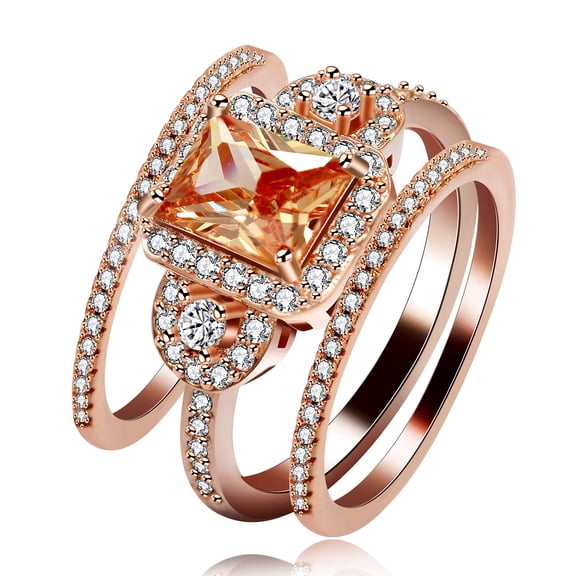 Uloveido Rose Gold Plated Square Orange CZ Stacking Wedding Bridal Rings 3PCS Set (Size 6) Y434