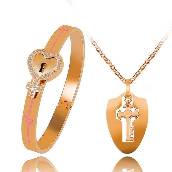 Uloveido Rose Gold Plated Stainless Steel Egyptian Ankh Cross Heartbeat Lock Bracelet and Shield Key Pendant Necklace Couples Jewelry Set for Men Women Y1481