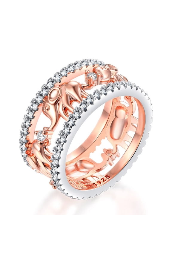 Rose Gold Plated Wide Elephant Stackable Band Rings Eternity Animal Ring with 2 Rows of Cubic Zirconia Size 6 RA083