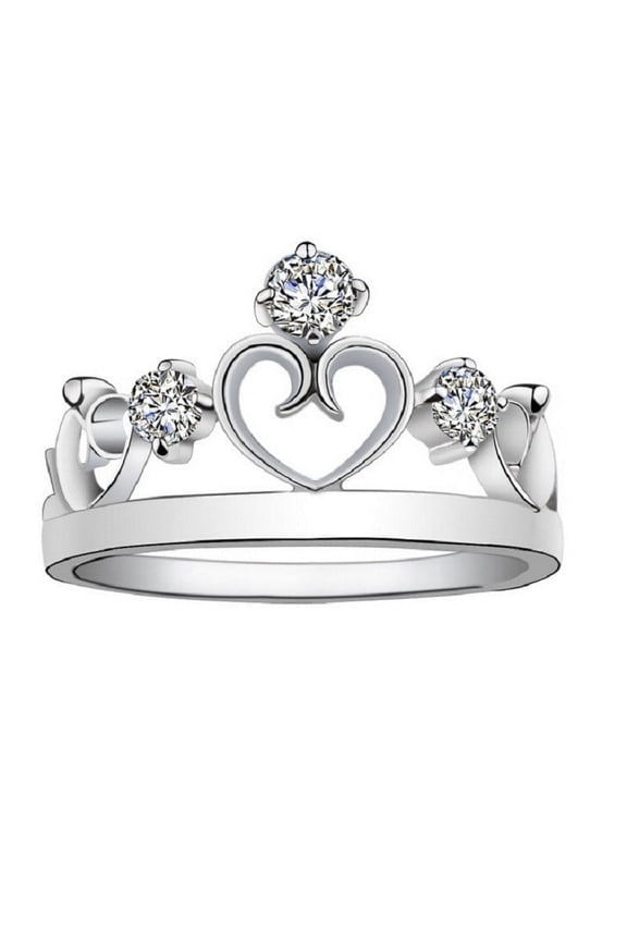 Round CZ Princess Heart Crown Tiara Band Ring Wedding Promise Jewelry for Women (Size 5)
