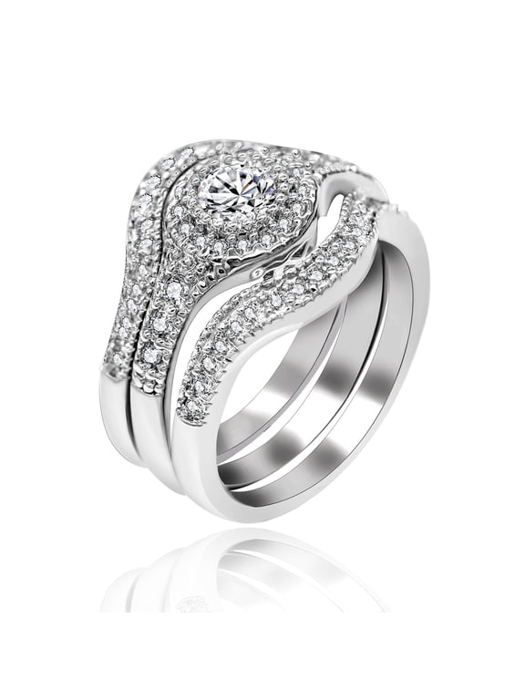 Round Cubic Zirconia CZ Bridal Engagement Wedding 3 Piece Stacking Ring Set Platinum Plated (Size 8)