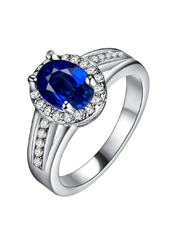 Royal Luxury Oval Shaped Simulated Sapphire Engagement Ring Rhodium Plated Brass Navy Blue Solitaire Ring for Women (Size 6) PJ138