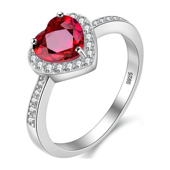 Uloveido S925 Sterling Silver Red Heart Ring Halo Promise Wedding Rings for Women (Size 7)