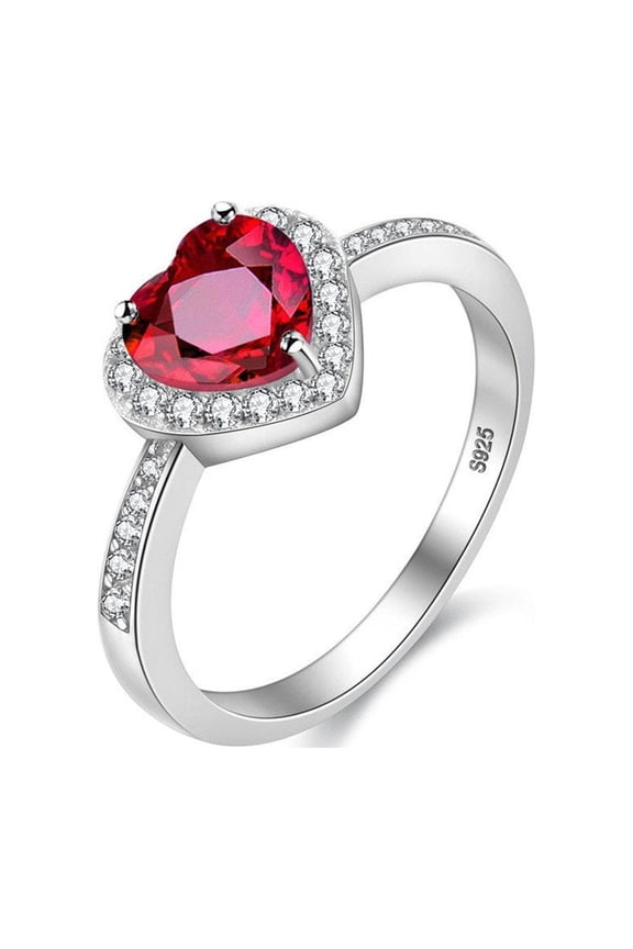 S925 Sterling Silver Red Heart Ring Halo Promise Wedding Rings for Women (Size 7)